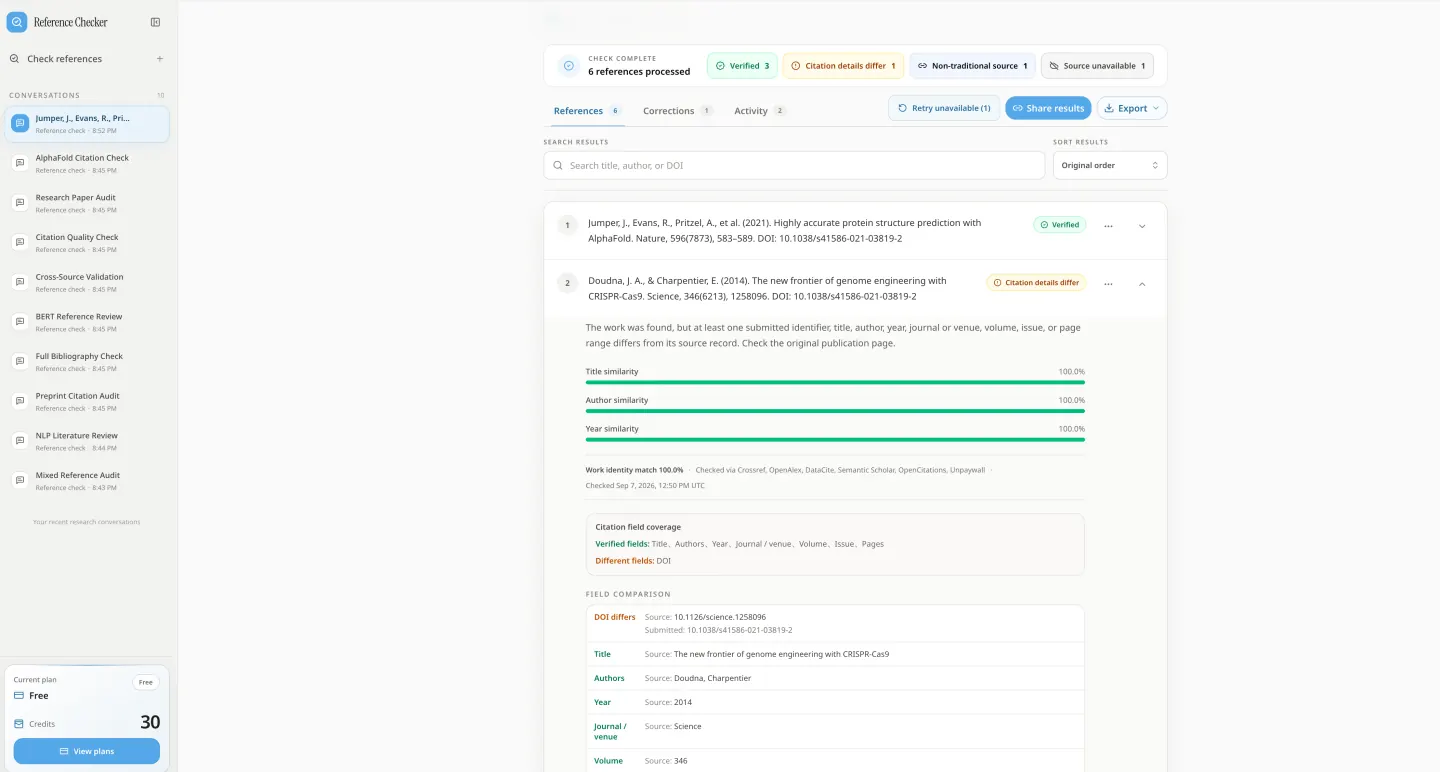 Reference Checker results workspace with search, sharing, and export controls