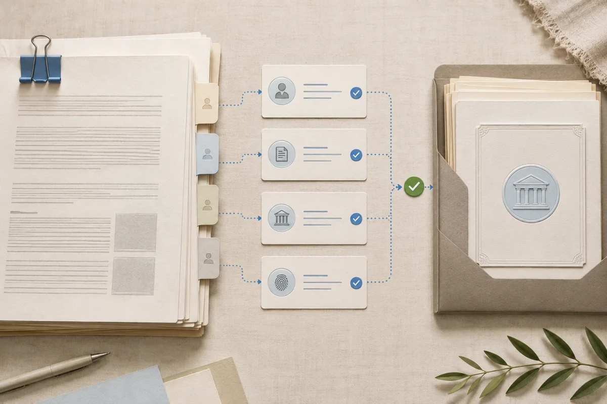 A manuscript dossier connecting author and publication record cards to a verified archive