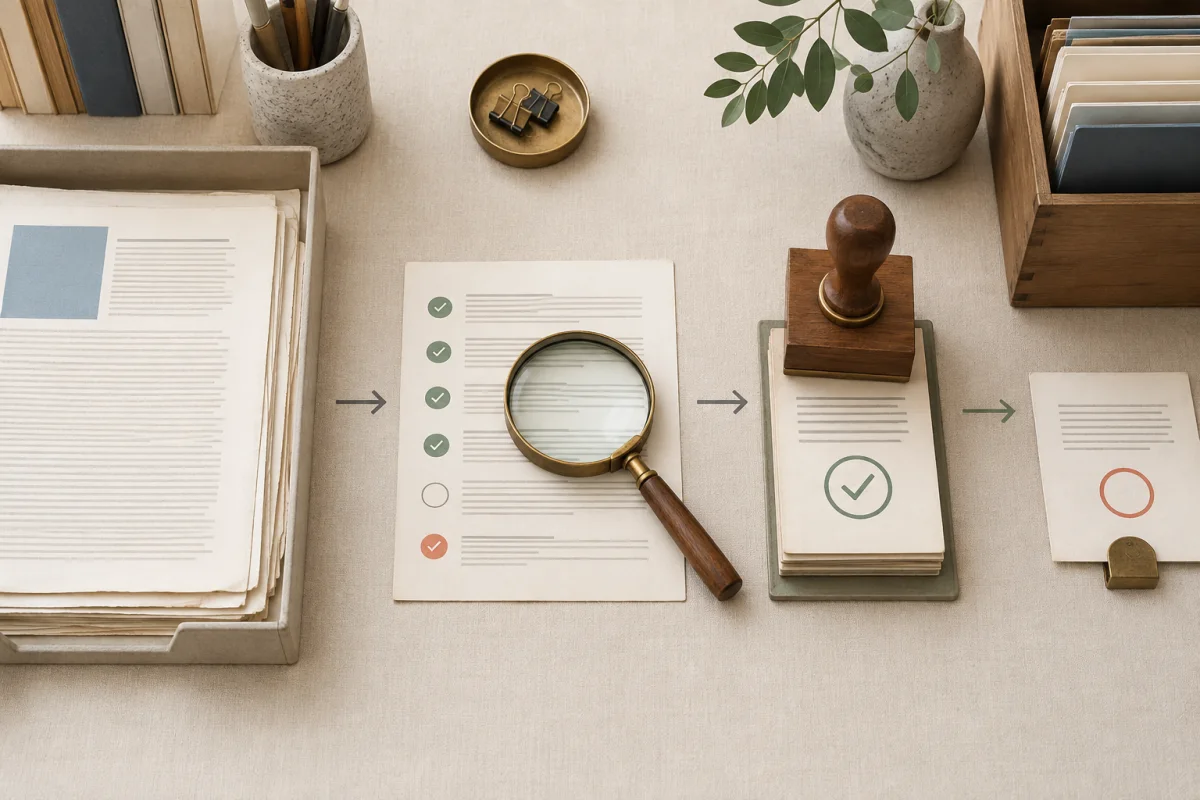 An editorial review desk screening bibliography evidence before filing verified records