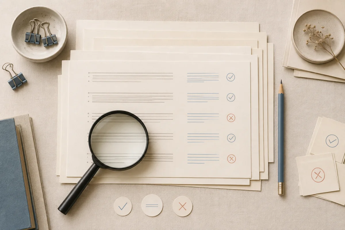 A grading desk with a stack of bibliography sheets, review marks, and a magnifying glass