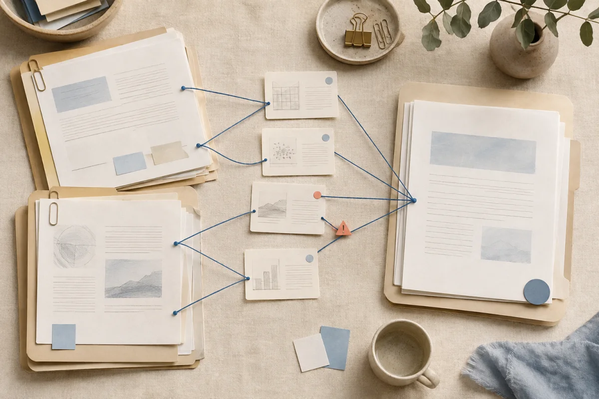 Research documents and source cards connected across a shared academic workspace